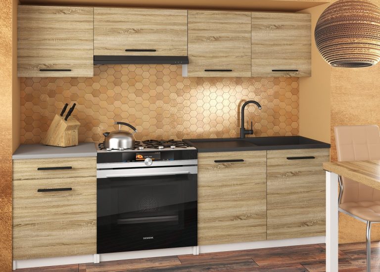 Mobila de bucatarie Belini 180 cm stejar sonoma cu blat TOR SUPERUNIQA2/4/WT/DS/0/B1 