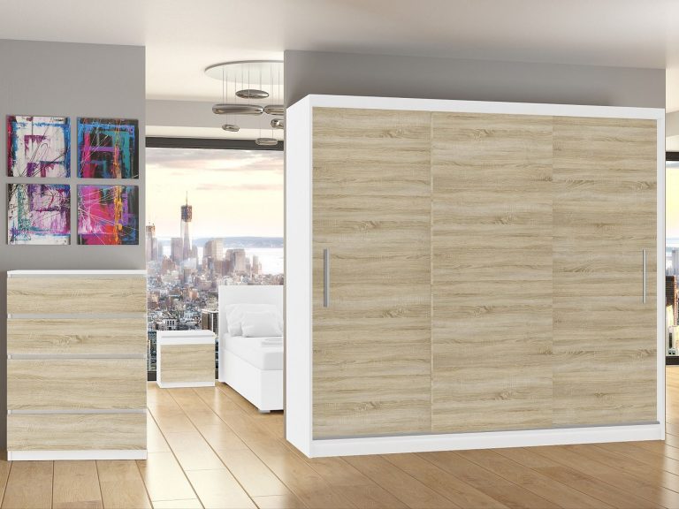 Dressing 232 cm Belini alb mat / stejar sonoma cu usi glisante si oglinda SI SZP4/2/1W/3DS/0/AL