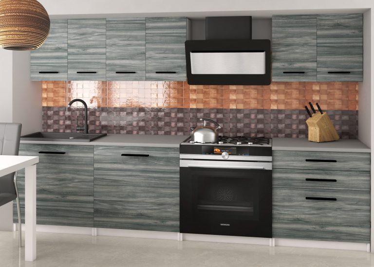 Mobila de bucatarie Belini 180 cm gri antracit Glamour Wood cu blat TOR SONIK2/3/WT/GW1/0/B1 