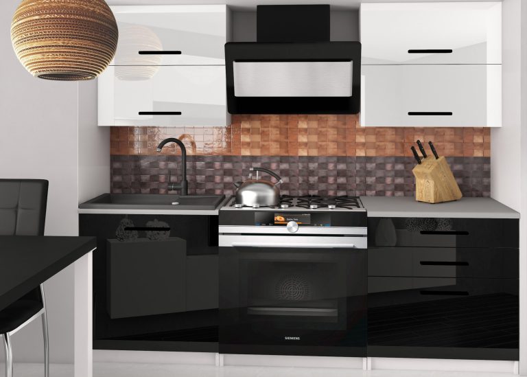 Mobila de bucatarie Belini 120 cm alb lucios / negru lucios fara blat INF ELEGANTA2/2/WT/WB/BB/B1