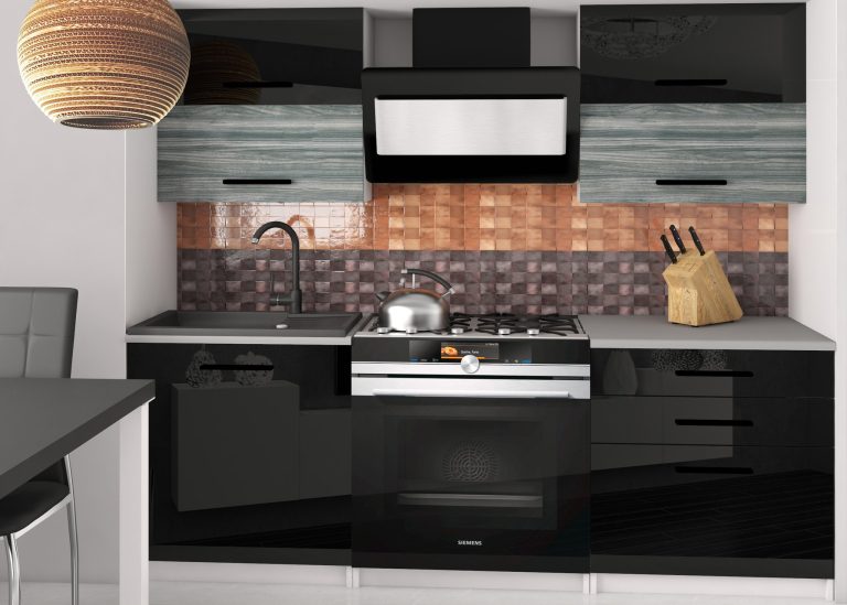 Mobila de bucatarie 120 negru lucios / gri lucios Glamour Wood fara blat INF ELEGANTA2/2/WT/BGW1B/BB/B1