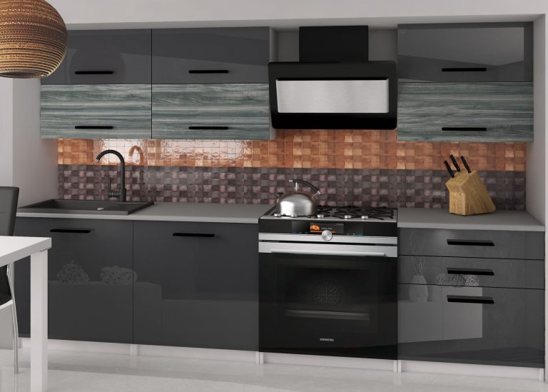 Mobila de bucatarie Belini 180 cm gri lucios / gri antracit Glamour Wood cu blat INF PRIMERA2/2/WT/SGW1S/0/B1 