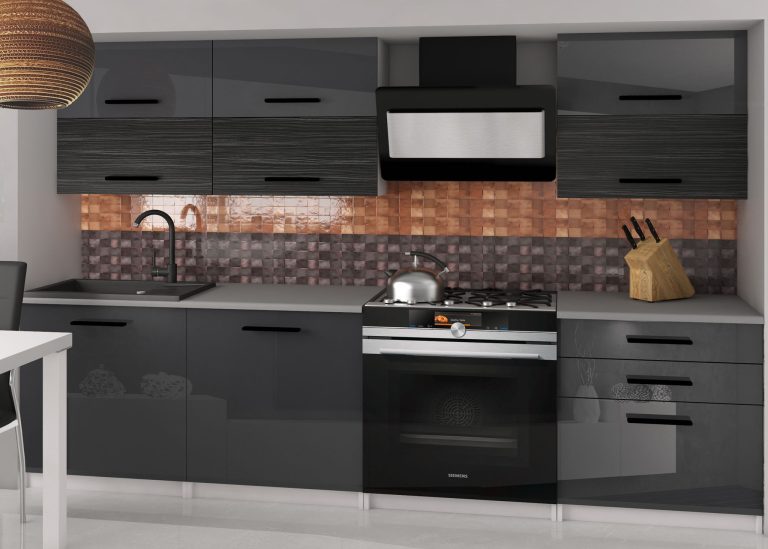 Mobila de bucatarie Belini 180 cm gri lucios / abanos regal cu blat INF PRIMERA2/2/WT/SHKS/0/B1 