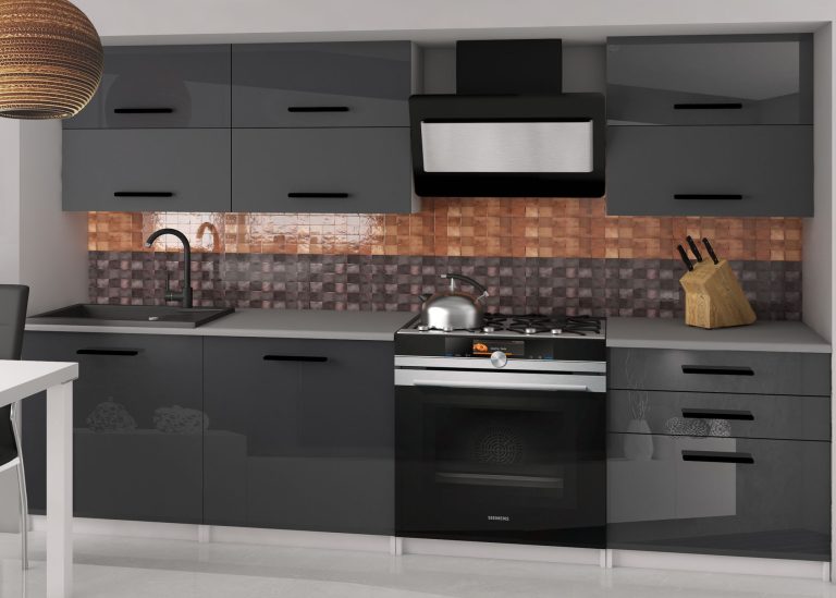 Mobila de bucatarie Belini 180 cm gri lucios / gri mat cu blat INF PRIMERA2/2/WT/SSRS/0/B1 