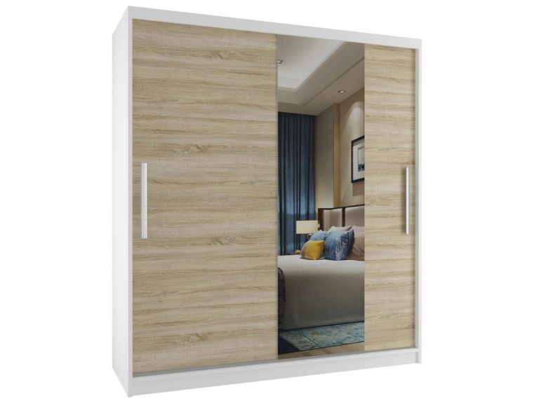 Dressing 133 cm Belini alb mat / stejar sonoma cu usi glisante si oglinda MSE SZP2/2/W/1DS1L/AL