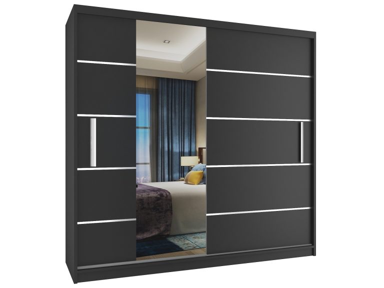 Dressing 200cm Belini mat negru cu usi glisante si oglinda MBP SZP1/2/B/B/0/AL