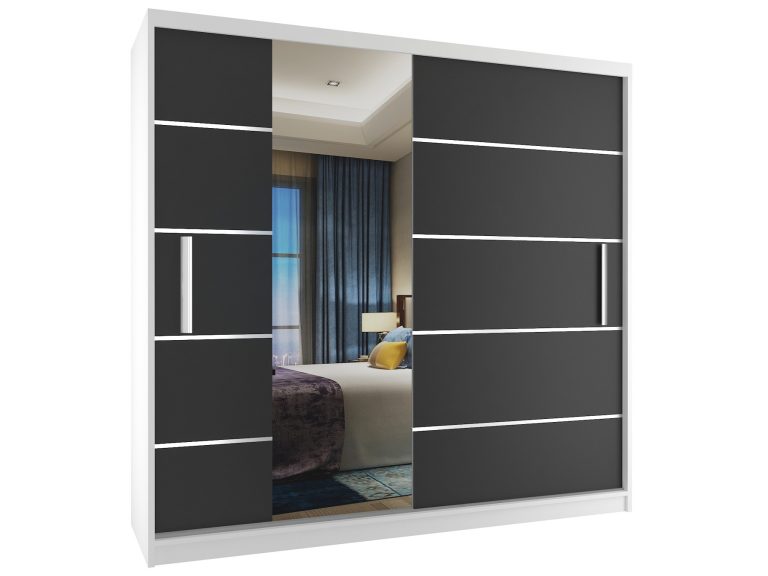 Dressing 200 cm Belini alb mat/negru mat cu usi glisante si oglinda MBP SZP1/2/W/B/0/AL