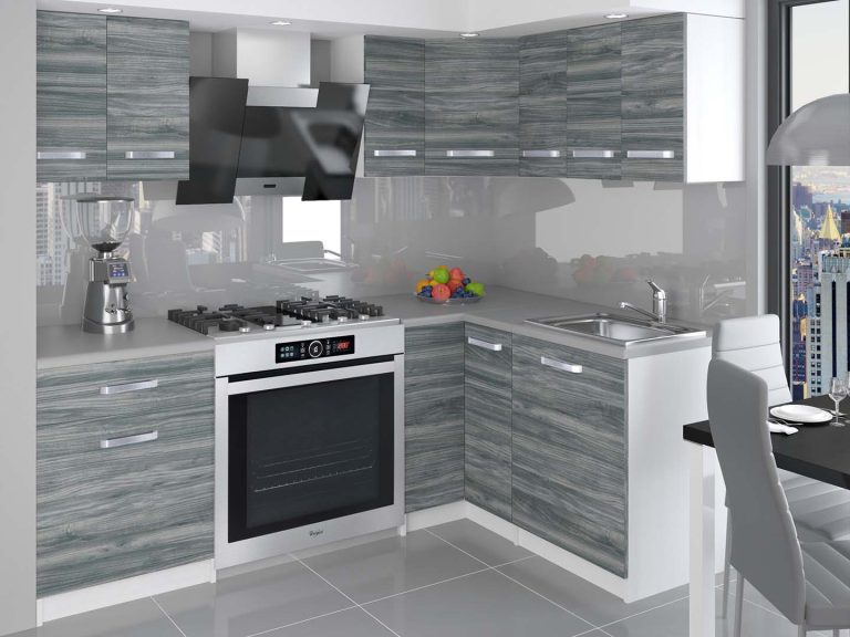 Mobila de bucatarie Belini 300 cm gri antracit Glamour Wood fara blat TOR ARMIN2/1/WT/GW1/BB/B1