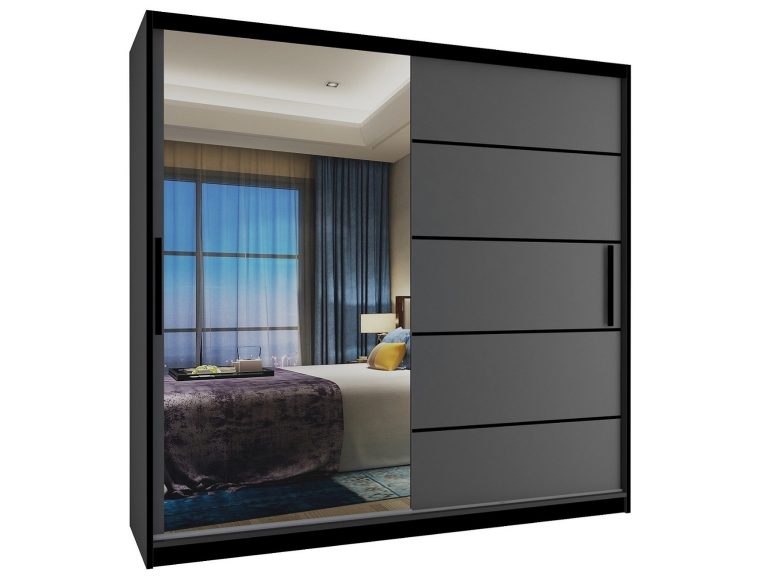 Dressing  200cm Belini mat negru/gri mat cu usi glisante si oglinda MZ SZP1/2/B/SR/0/BL