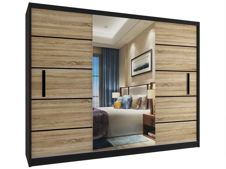 Dressing 232 cm Belini negru mat / stejar sonoma cu usi glisante si oglinda MZ SZP4/2/1B/2DS1L/0/BL