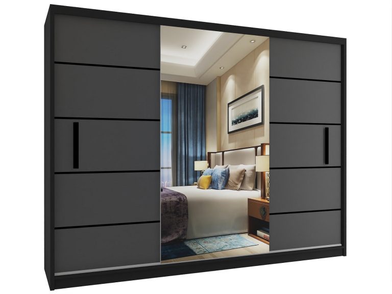 Dressing 232 cm Belini mat negru/gri mat cu usi glisante si oglinda MZ SZP4/2/1B/2SR1L/0/BL
