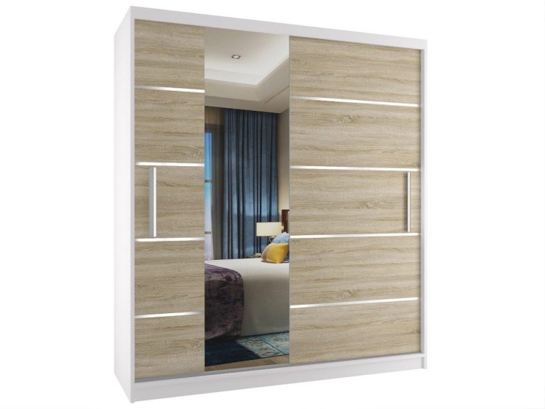 Dressing 133 cm Belini alb mat / stejar sonoma cu usi glisante si oglinzi MBP SZP2/2/W/DS/0/AL