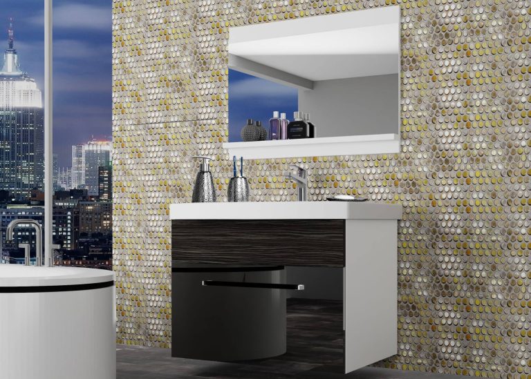 Mobila baie Belini negru lucios / abanos regal + chiuveta + oglinda ROD PM 1/0/W/BHK/0/ZW
