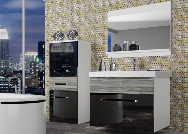 Mobila baie Belini negru lucios / gri antracit Glamour Wood + chiuveta + oglinda ROD PM 2/0/W/BGW1/0/ZW