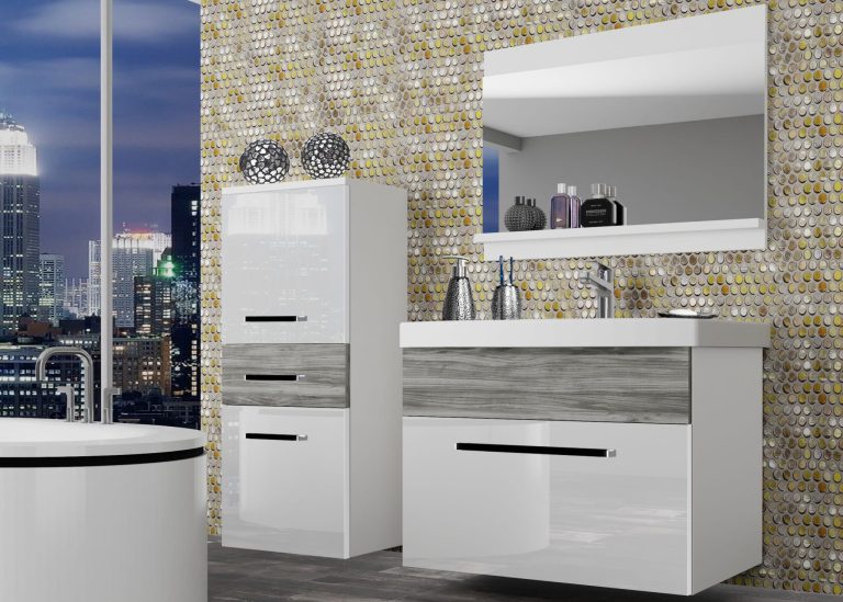 Mobila baie Belini alb lucios / gri antracit Glamour Wood chiuveta + oglinda ROD PM 2/0/W/WGW1/0/ZW