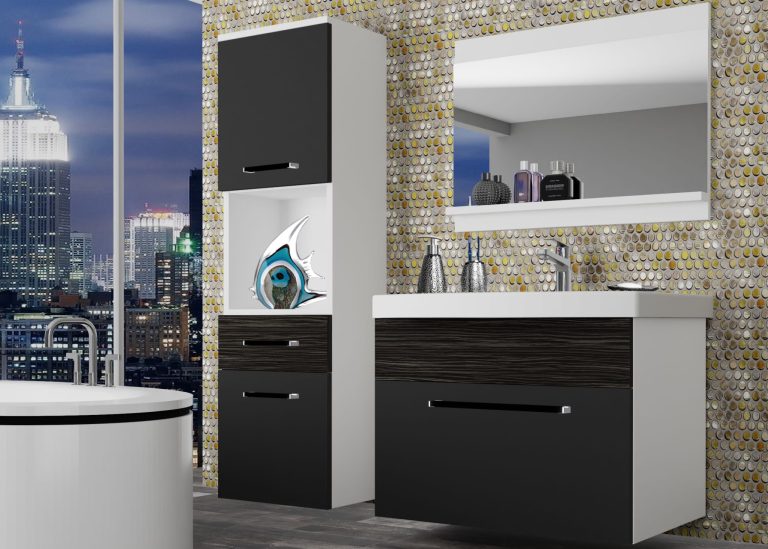 Mobila baie Belini negru mat / abanos regal + chiuveta + oglinda ROD M 3/0/W/BHK/0/ZW
