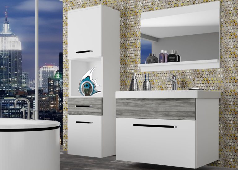 Mobila baie Belini alb mat / gri antracit Glamour Wood  + chiuveta + oglinda ROD M 3/0/W/WGW1/0/ZW