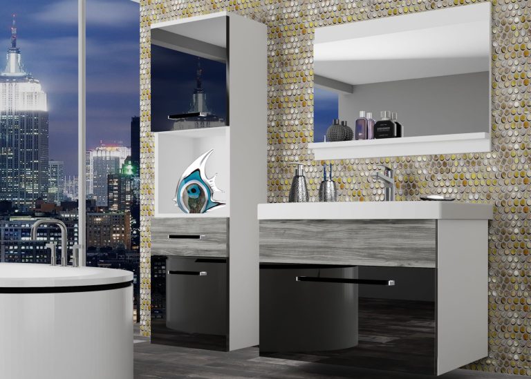 Mobila baie Belini negru lucios / gri antracit Glamour Wood + chiuveta + oglinda ROD PM 3/0/W/BGW1/0/ZW