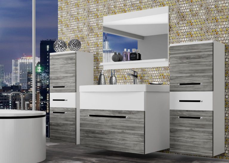 Mobila baie Belini gri antracit Glamour Wood / alb mat + chiuveta + oglinda  ROD M 4/0/W/GW1W/0/ZW