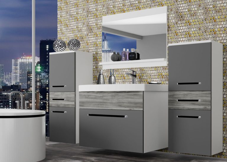 Mobila baie Belini gri mat / gri antracit Glamour Wood + chiuveta + oglinda ROD M 4/0/W/SRGW1/0/ZW