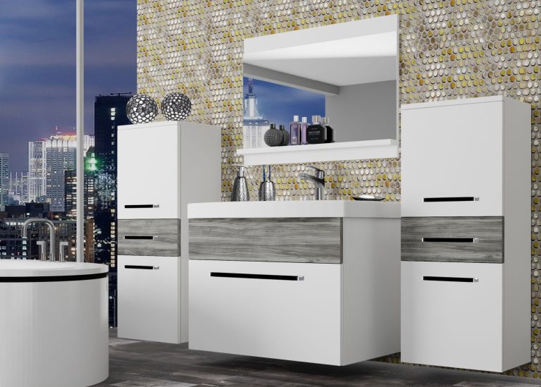Mobila baie Belini alb mat / gri antracit Glamour Wood  + chiuveta + oglinda ROD M 4/0/W/WGW1/0/ZW