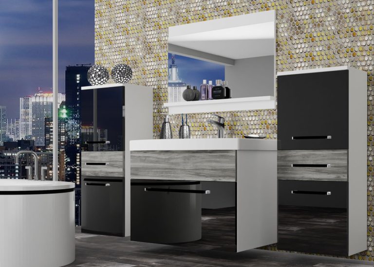 Mobila baie Belini negru lucios / gri antracit Glamour Wood  + chiuveta + oglinda ROD PM 4/0/W/BGW1/0/ZW