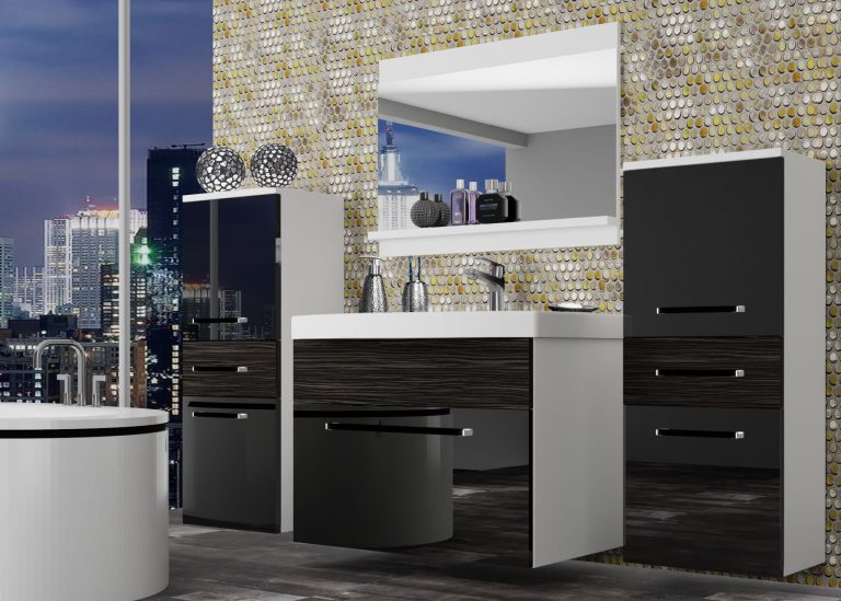 Mobila baie Belini negru lucios / abanos regal + chiuveta + oglinda  ROD PM 4/0/W/BHK/0/ZW