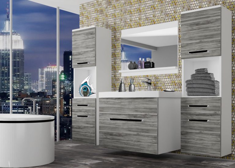 Mobila baie Belini gri antracit Glamour Wood + chiuveta + oglinda ROD M 6/0/W/GW1/0/ZW