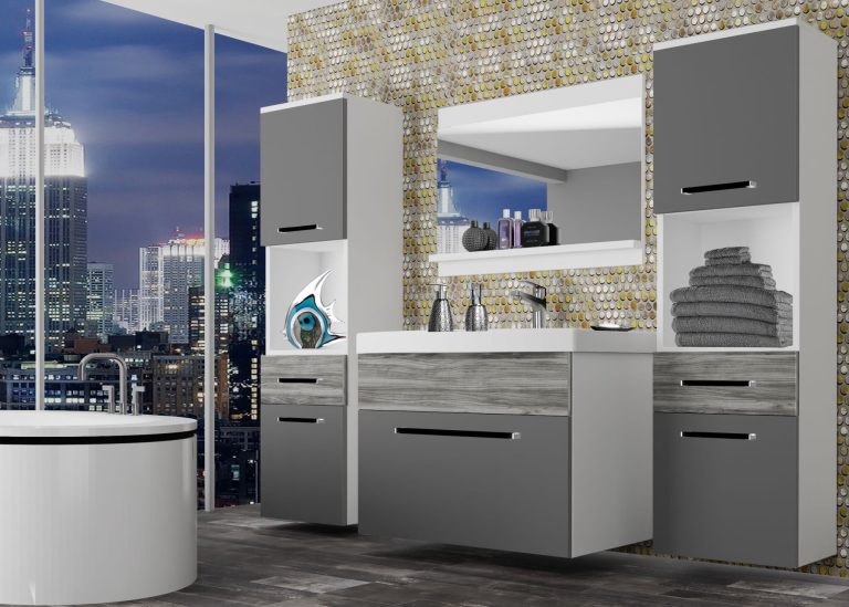 Mobila baie Belini gri mat / gri antracit Glamour Wood + chiuveta + oglinda  ROD M 6/0/W/SRGW1/0/ZW