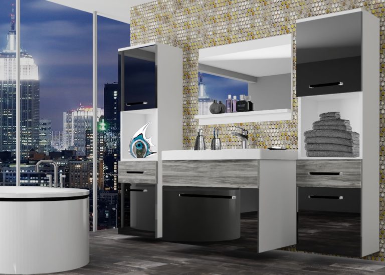 Mobila baie Belini negru lucios / gri antracit Glamour Wood  + chiuveta + oglinda ROD PM 6/0/W/BGW1/0/ZW