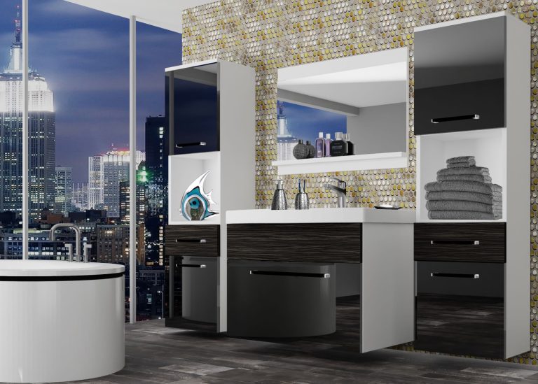 Mobila baie Belini negru lucios / abanos regal + chiuveta + oglinda  ROD PM 6/0/W/BHK/0/ZW