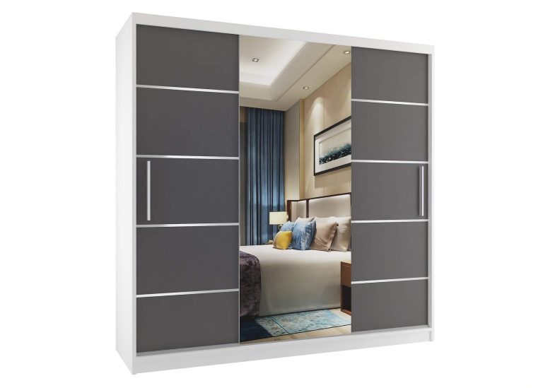 Dressing  200 cm Belini mat alb/gri mat cu usi glisante cu oglinda si sertare MT SZP5/1/W/SR/0/KLAL