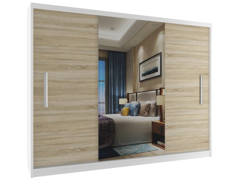 Dressing 232 cm Belini alb mat / stejar sonoma cu usi glisante si oglinda ME SZP4/2/1W/2DS1L/0/AL