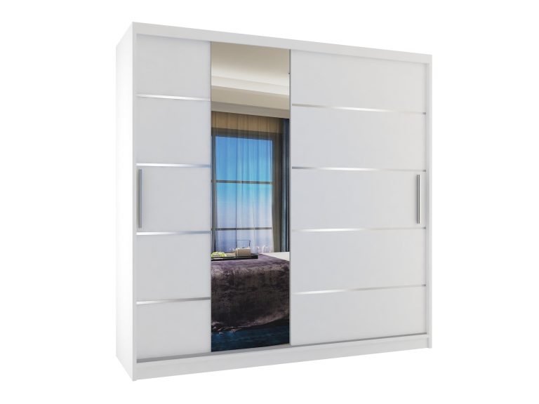 Dressing 200 cm Belini mat alb cu usi glisante cu oglinda si sertare MBP SZP5/1/W/W/0/KLAL