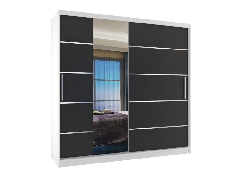 Dressing 200 cm Belini alb mat/negru mat cu usa glisanta oglinda si sertare MBP SZP5/1/W/B/0/KLAL

