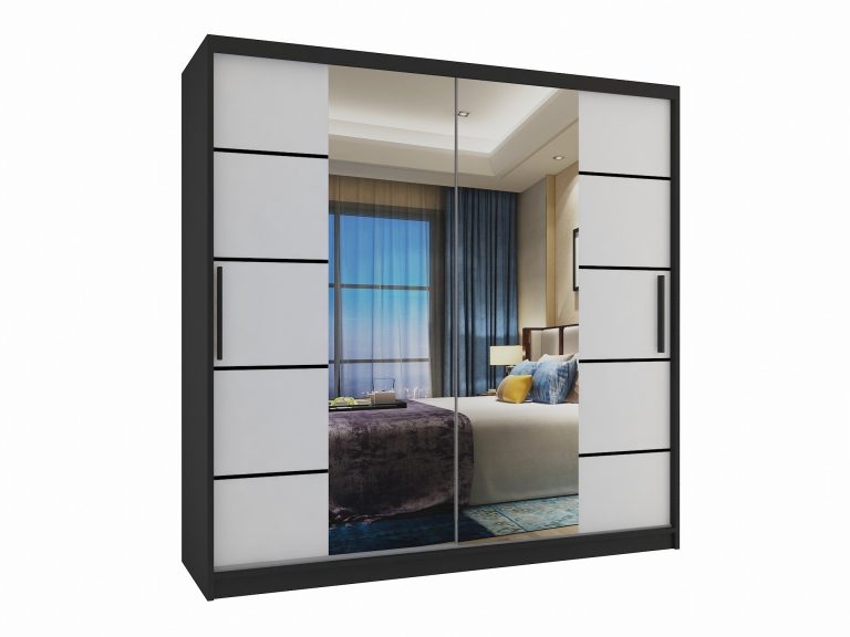 Dressing 200 cm Belini negru mat/alb mat cu usi glisante cu oglinda si sertare ME SZP5/1/B/W/0/KLP
