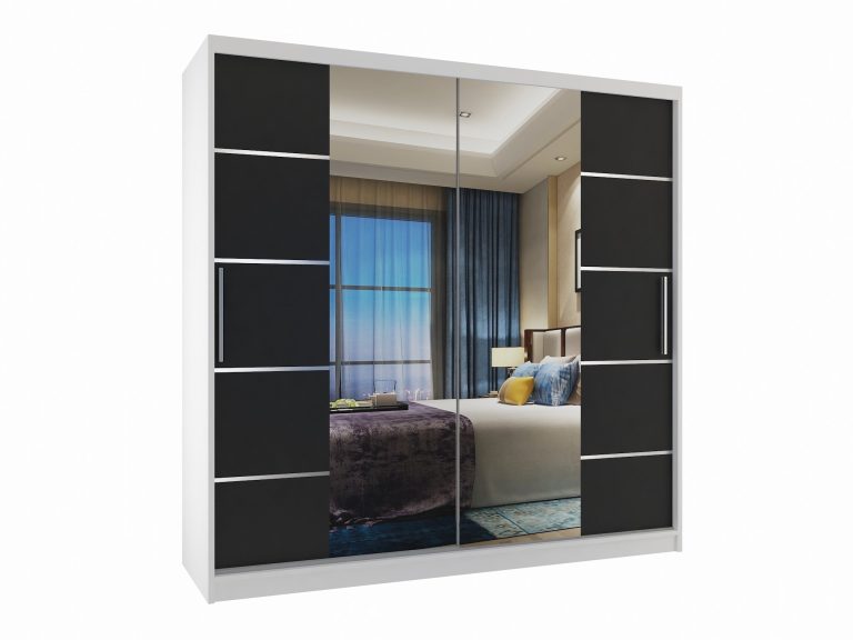 Dressing 200 cm Belini alb mat/negru mat cu usa glisanta oglinda si sertare ME SZP5/1/W/B/0/KLAL