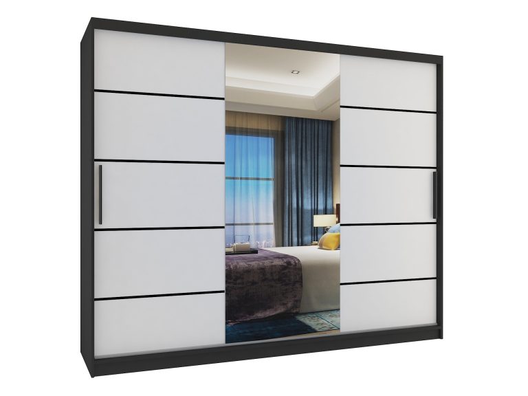 Dressing 232 cm Belini negru mat / alb mat cu usi glisante cu oglinda si sertare MBP SZP8/0/1B/2W1L/0/KLP