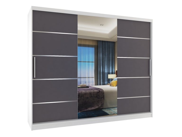Dressing 232 cm Belini mat alb/gri mat cu usi glisante cu oglinda si sertare MBP SZP8/0/1W/2SR1L/0/KLAL