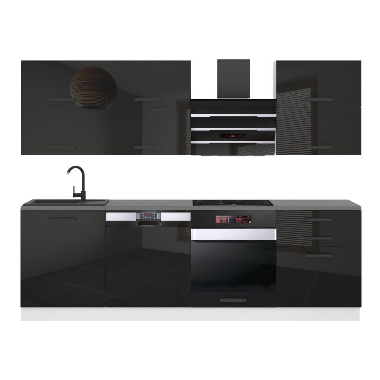 Mobila bucatarie Belini Premium Full Version 240 cm negru lucios cu blat INF MADISON/0/WT/B/B/B1