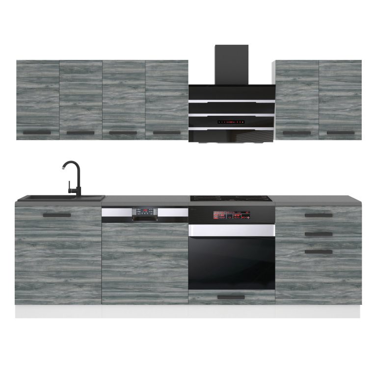 Mobila bucatarie Belini Premium Full Version 240 cm gri antracit Glamour Wood cu blat TOR SUSAN/0/WT/GW/B/B1
