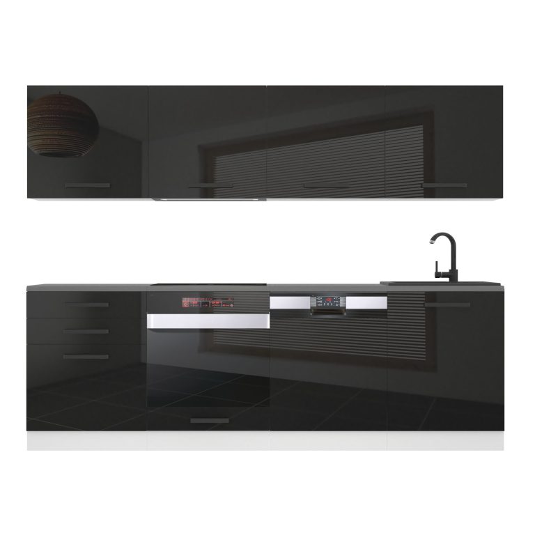 Mobila de bucatarie Belini Premium Full Version 240 cm negru lucios cu blat  INF ALICE/0/WT/B/B/ B1