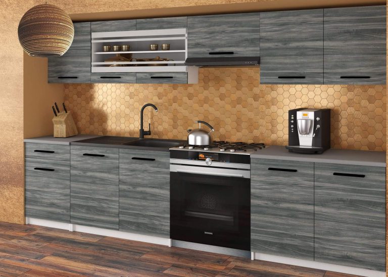  Mobila de bucatarie Belini 260 cm gri antracit Glamour Wood cu blat TOR JUSTYNA/3/WT/GW1/0/B1 