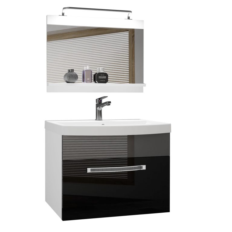 Set mobilă  de baie Belini Premium Full Version negru lucios / gri lucios + chiuveta + oglinda + iluminare LED GLA P 1/0/W/BS/0/MB/PP