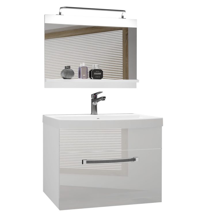 Set mobilă  de baie Belini Premium Full Version alb lucios + chiuveta + oglinda + iluminare LED GLA P 1/0/W/W/0/MB/PP