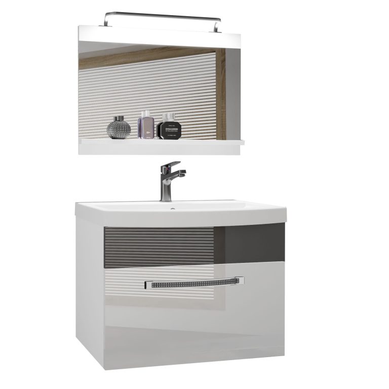 Set mobilă  de baie Belini Premium Full Version alb lucios / gri luciu + chiuveta + oglinda + iluminare LED  GLA P 1/0/W/WS/0/MB/PP