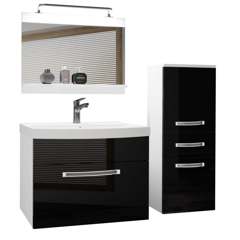 Set mobilă  de baie Belini Premium Full Version negru lucios
 + chiuveta + oglinda + iluminare LED GLA P 2/0/W/B/0/MB/PP