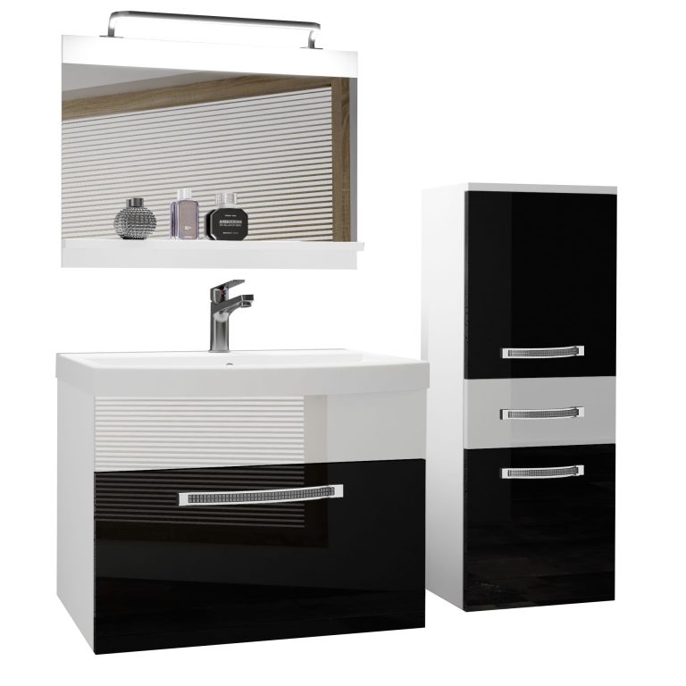 Set mobilă  de baie Belini Premium Full Version negru lucios / alb luciu
 + chiuveta + oglinda + iluminare LED GLA P 2/0/W/BW/0/MB/PP