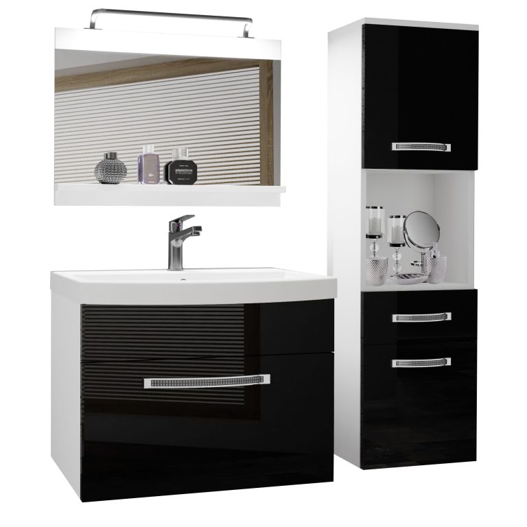 Set mobilă  de baie Belini Premium Full Version negru lucios
 + chiuveta + oglinda + iluminare LED GLA P 3/0/W/B/0/MB/PP