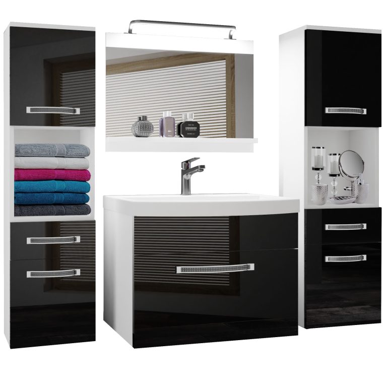 Set mobilă de baie Belini Premium Full Version negru lucios + chiuveta + oglinda + iluminare LED GLA P 6/0/W/B/0/MB/PP